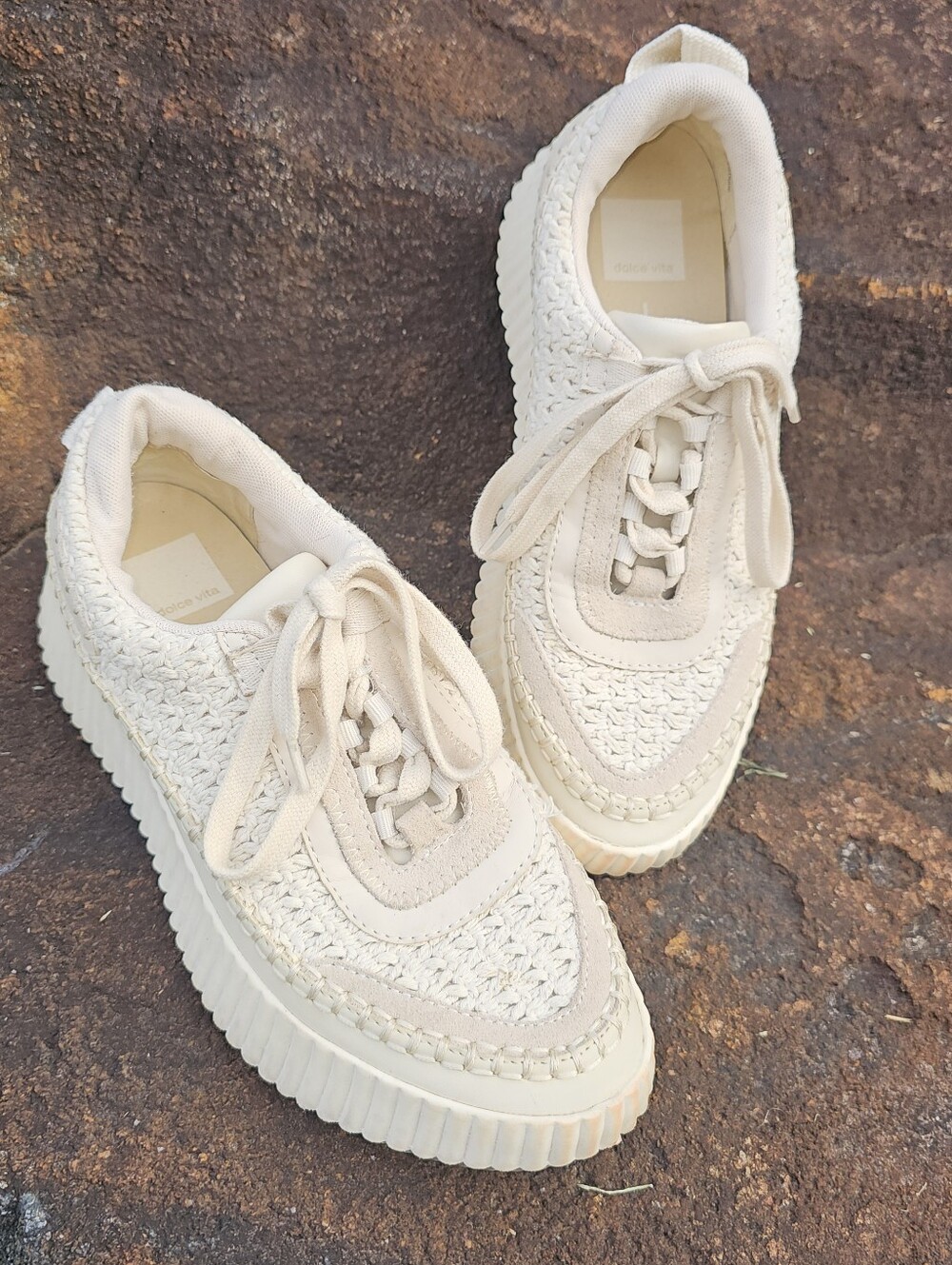 Dolce Vita Dolen Beige Woven Platform Sneakers Lace-Up Women’s Size 8